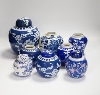 Eight Chinese blue and white ginger jars, four with lids, tallest 21cm